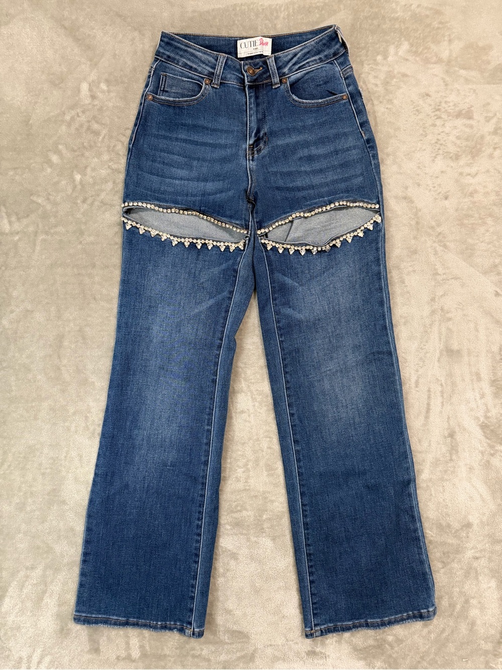 Cutie Diva Rhinestone Crystal Cutout Straight Leg Jeans Medium Wash Size 3